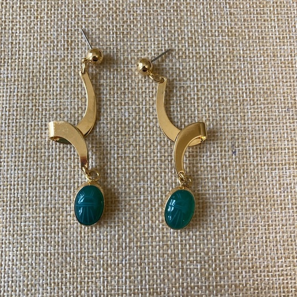 Green Vintage Scarab Glass Dangle Earrings - Picture 2 of 5